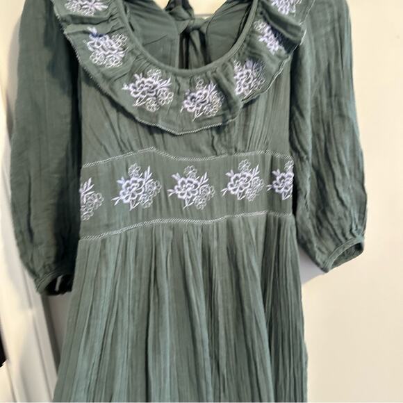 Free People Green Blue Cotton Gauze Floral Embroidered Maxi Dress Small - Picture 9 of 13